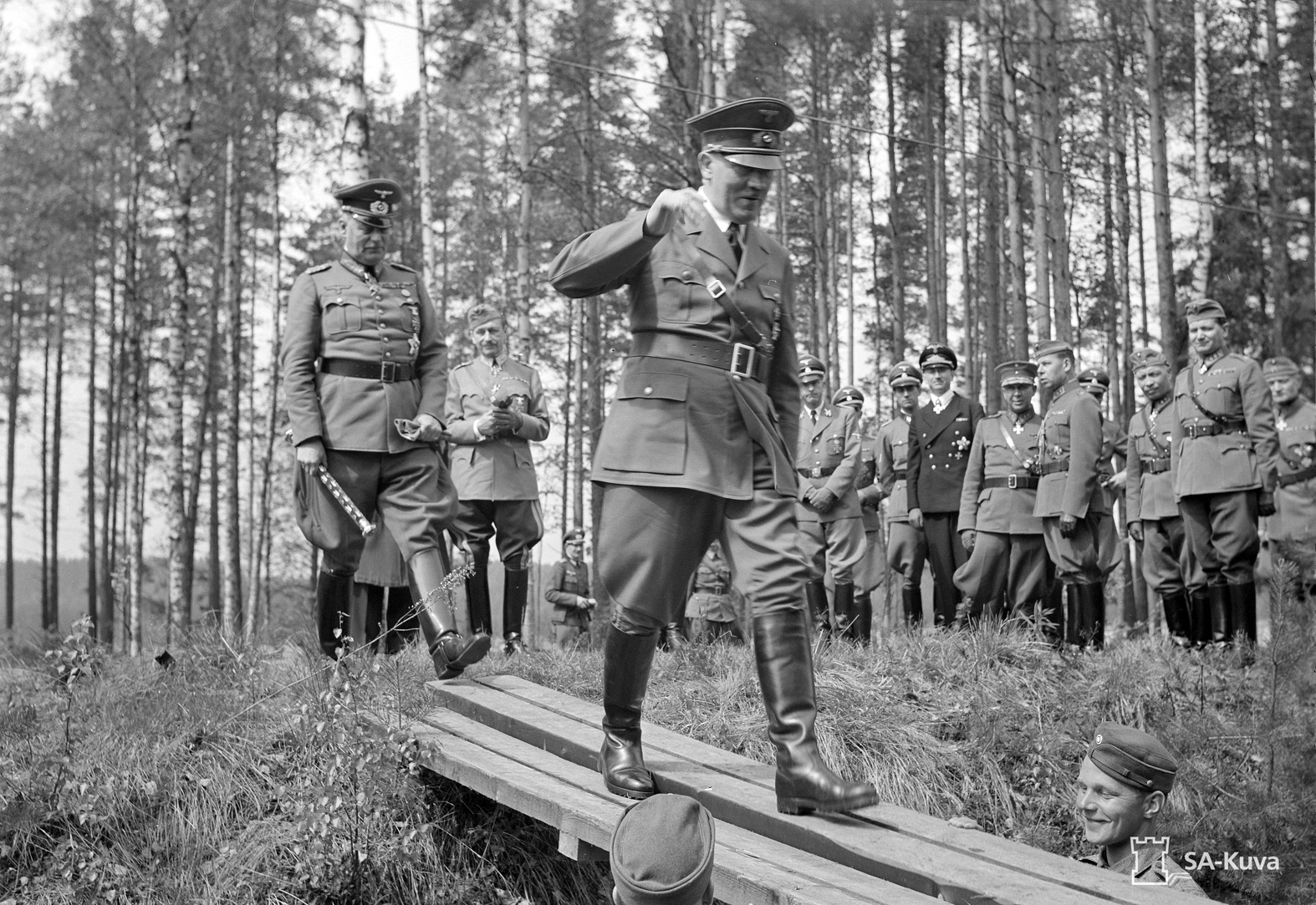 Adolf Hitler walks the plank followed by Marshal Keitel to get access to Mannerheim's train in Finland for Mannerheim 75th birthday 
